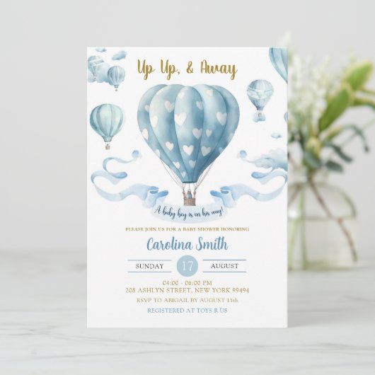 アップアップ&ブルー遠くにホットエアバルーン男の子ベイビーシャワー 招待状 (スタンド正面)