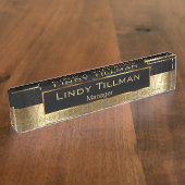 アップスケール金ゴールドとブラックダマスク デスクネームプレート (側面)