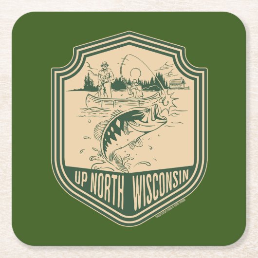 アップノースウィスコンシン魚釣りバッジ スクエアペーパーコースター (正面)