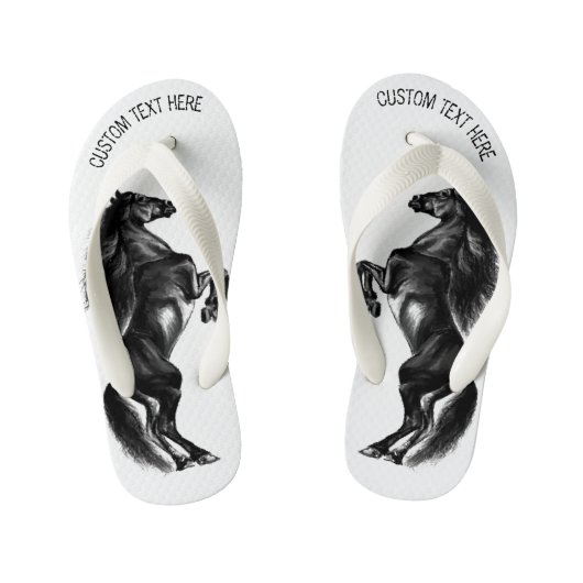 アップライトブラックワイルドホース-白黒スケッチ キッズビーチサンダル (フットベッド)