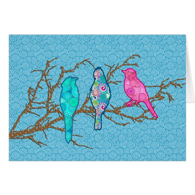 アップリケの鳥が枝に咲くスカイブルー数々の (正面横)