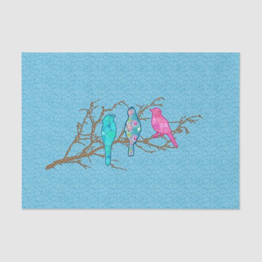 アップリケの鳥が枝に咲くスカイブルー数々の 薄葉紙 (正面)