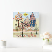 アップリケ、住宅、村 スクエア壁時計 (ホーム)