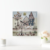 アップリケ、住宅、村 スクエア壁時計 (ホーム)