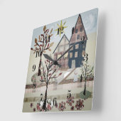 アップリケ、住宅、村 スクエア壁時計 (傾斜)