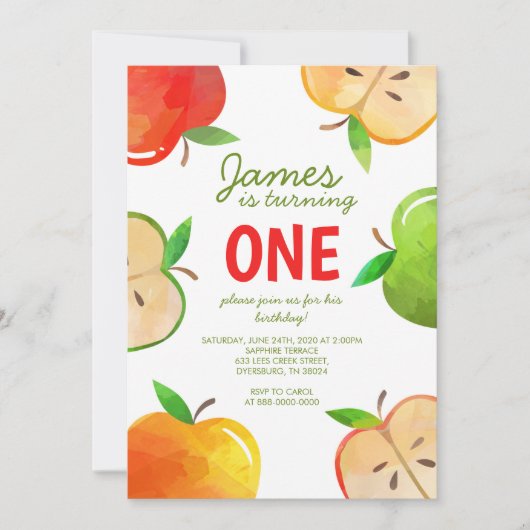 アップルの最初の誕生日ブッシェルのおもしろい誕生日 招待状 (正面)