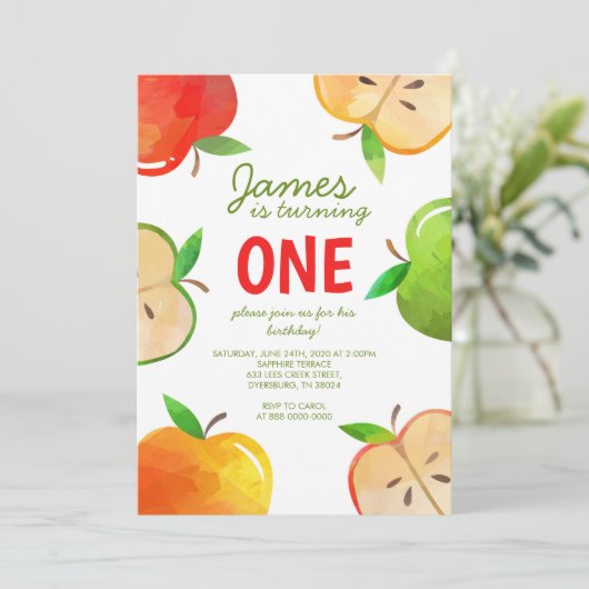 アップルの最初の誕生日ブッシェルのおもしろい誕生日 招待状 (スタンド正面)