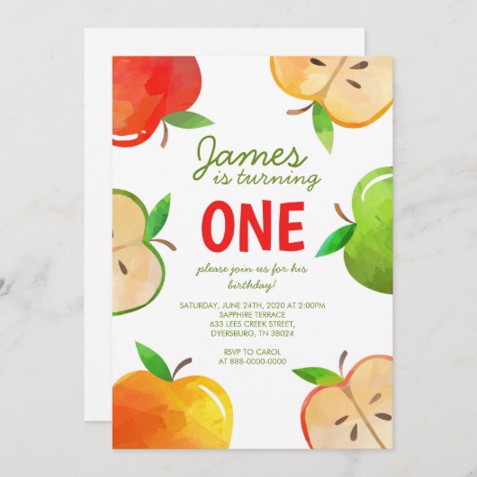 アップルの最初の誕生日ブッシェルのおもしろい誕生日 招待状 (正面/裏面)