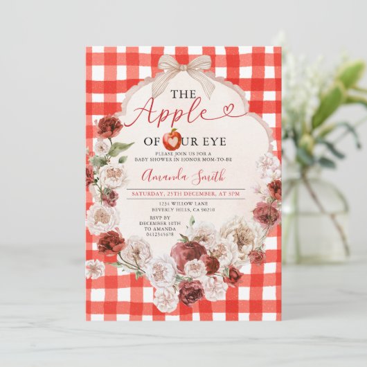 アップルの目の赤ちゃんシャワー弓赤いギンガム 招待状 (スタンド正面)
