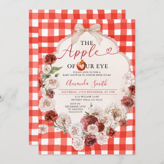 アップルの目の赤ちゃんシャワー弓赤いギンガム 招待状 (正面/裏面)