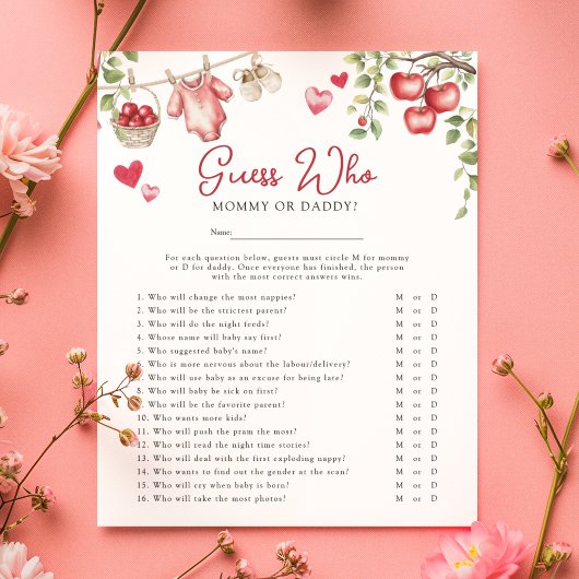 アップルの私たちの目の'Guess誰'赤ちゃんシャワーゲーム チラシ