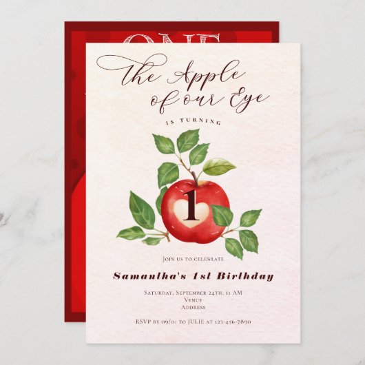 アップルオブザウアイ秋ハーベスト素朴1歳の誕生日 招待状 (正面/裏面)