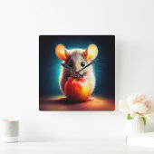 アップルキッチンアートが輝く可愛い小さなマウス スクエア壁時計 (ホーム)