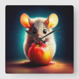 アップルキッチンアートが輝く可愛い小さなマウス スクエア壁時計