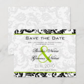 アップルグリーンのダマスクの渦巻き ウェディング招待状 セーブザデート (正面/裏面)