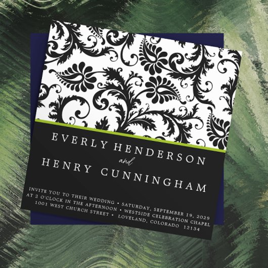 アップルグリーンダマスクモノグラム結婚式招待状 招待状