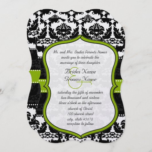 アップルグリーンハートヴィンテージダマスクウェディング招待状 招待状 (正面/裏面)