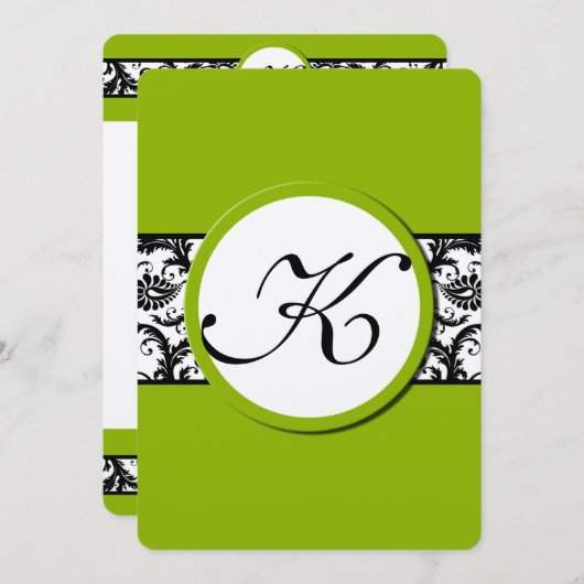 アップルグリーンブラックダマスクウェディング招待状ワイドバンド 招待状 (正面/裏面)