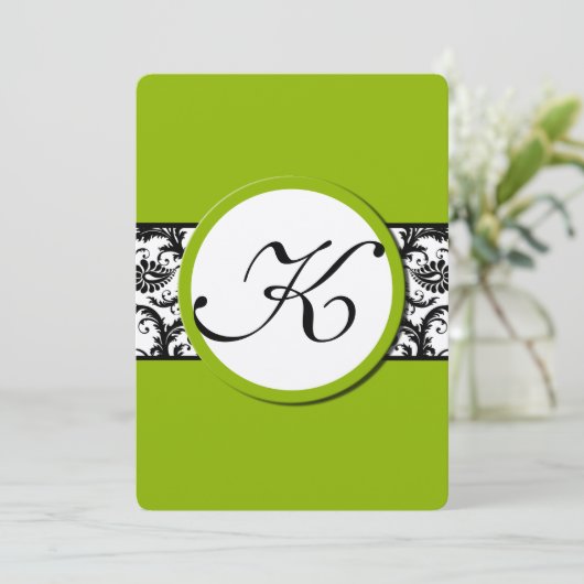 アップルグリーンブラックダマスクウェディング招待状ワイドバンド 招待状 (スタンド正面)