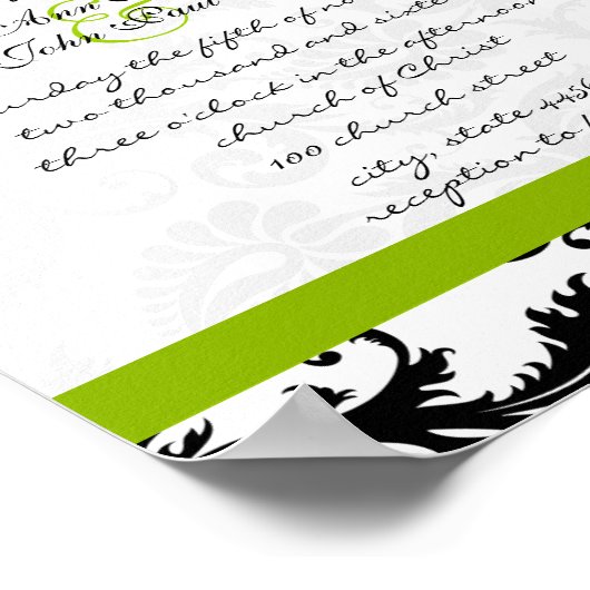 アップルグリーンブラックダマスクウェディング招待状 ポスター (角)