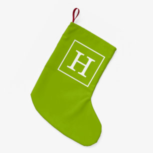 アップルグリーンホワイトフレームイニシャルモノグラム スモールクリスマスストッキング