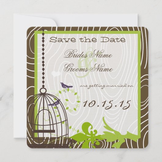 アップルグリーン ファンシー ウッドグレイン 鳥かご ウェディング 招待状 (正面)