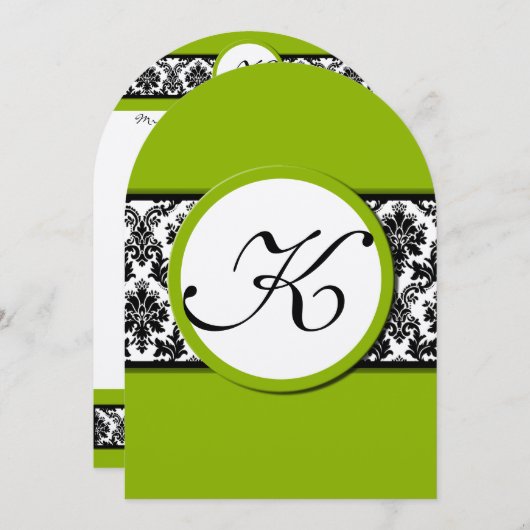 アップルグリーン&ブラックダマスクウェディング招待状 招待状 (正面/裏面)