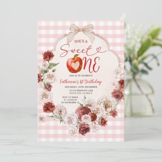 アップルスウィートワン誕生日ピンクジンガム秋フローラ 招待状 (スタンド正面)