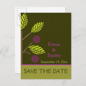 アップルツリーパープル秋の結婚式日付を保存 案内ポストカード (正面/裏面)