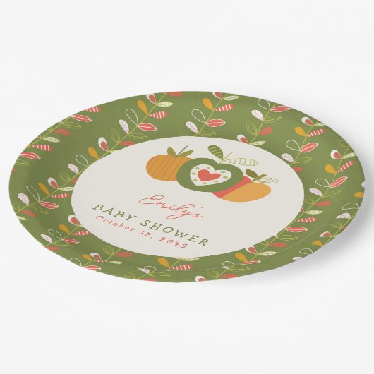 アップルテーマ秋ベビーシャワーグリーン男女兼用 ペーパープレート (アングル)