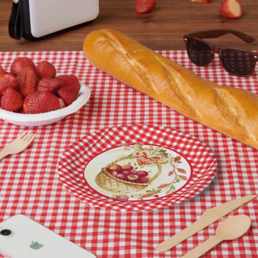 アップルハーベストバスケット付きカントリー風ギンガム ペーパープレート (ピクニック)