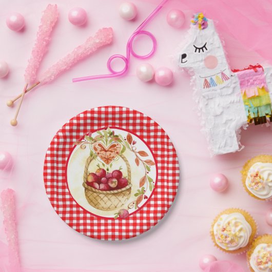 アップルハーベストバスケット付きカントリー風ギンガム ペーパープレート (パーティー)