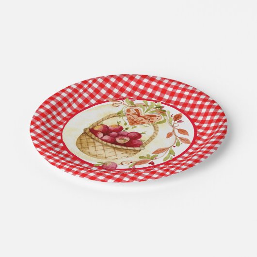 アップルハーベストバスケット付きカントリー風ギンガム ペーパープレート (アングル)