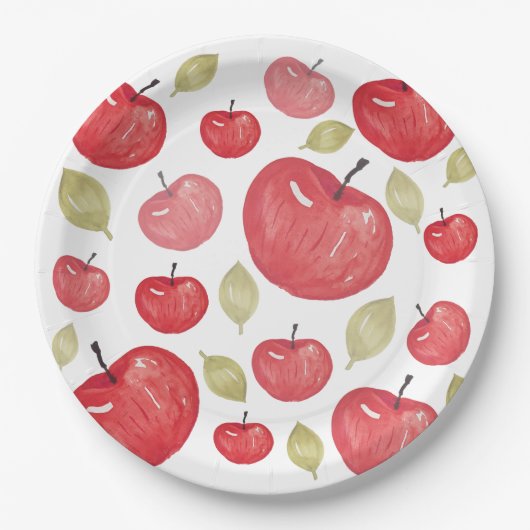 アップルパターン水彩手絵を描形 ペーパープレート (正面)