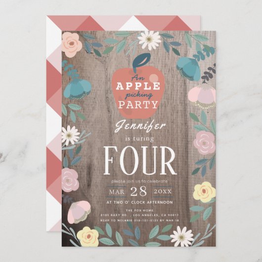 アップルピッキングパーティーフローラ木材子供の誕生日 招待状 (正面/裏面)