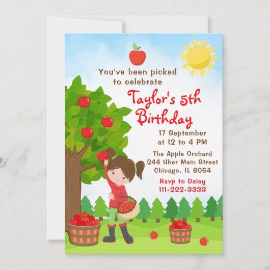 アップルピッキング誕生日ブラウンヘアガール招待状 招待状 (正面)