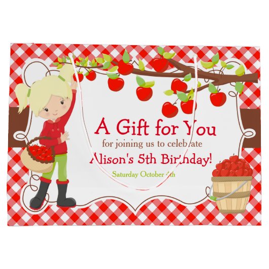 アップルピックブロンドの女の子の誕生日パーティー ラージペーパーバッグ (裏面)