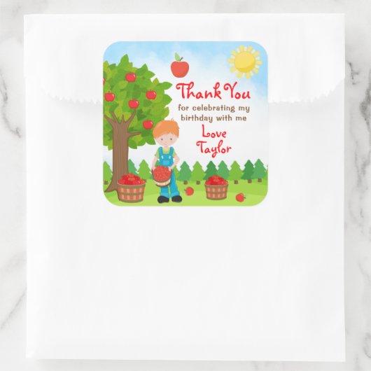 アップルピックレッドヘアボーイ誕生日サンキュースクア スクエアシール (バッグ)