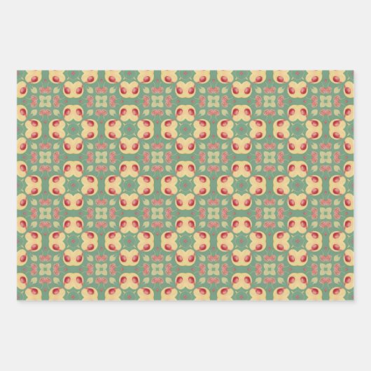 アップルフルーツ抽象芸術ヴィンテージ幾何学模様3 ラッピングペーパーシート (正面3)