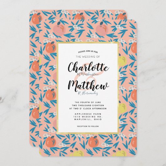 アップルフローラコーラルピンクネイビー結婚式招待状 招待状 (正面/裏面)