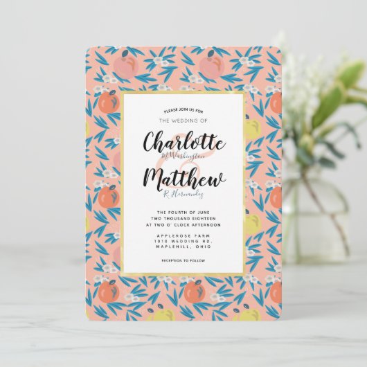 アップルフローラコーラルピンクネイビー結婚式招待状 招待状 (スタンド正面)