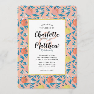 アップルフローラコーラルピンクネイビー結婚式招待状 招待状