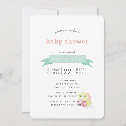 アップルフローラピンクネイビーベイビーシャワー招待状 招待状 (正面)