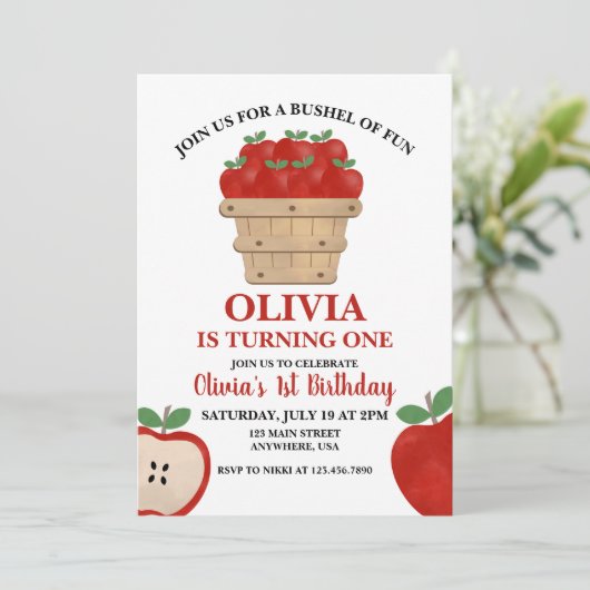 アップルブッシェルおもしろい1st誕生日招待状 招待状 (スタンド正面)