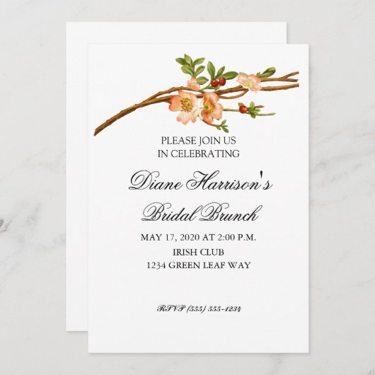 アップルブロッサムウォーターカラーステムウェディングシャワー 招待状 (正面/裏面)