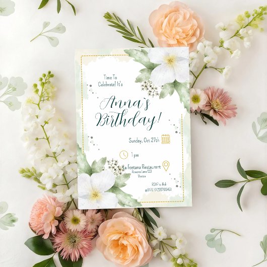 アップルブロッサムウォーターカラー花模様誕生日 招待状