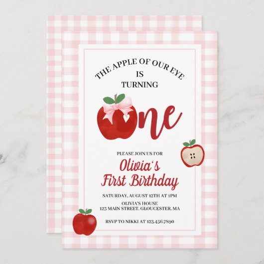 アップル ピンクの蝶ネクタイ プレッピー コケティ 1歳の誕生日 招待状 (正面/裏面)