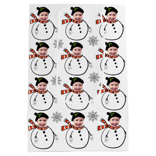 アップロード顔写真かわいい雪だるまと雪片 ミディアムペーパーバッグ (裏面)