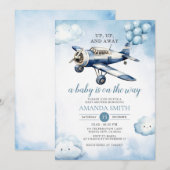 アップ、アップ、＆アウェイ　飛行機　ベビーシャワー　青い風船 招待状 (正面/裏面)
