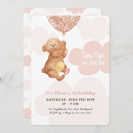 アップ&テディベア遠くにピンククラウドベビー誕生日 招待状 (正面/裏面)
